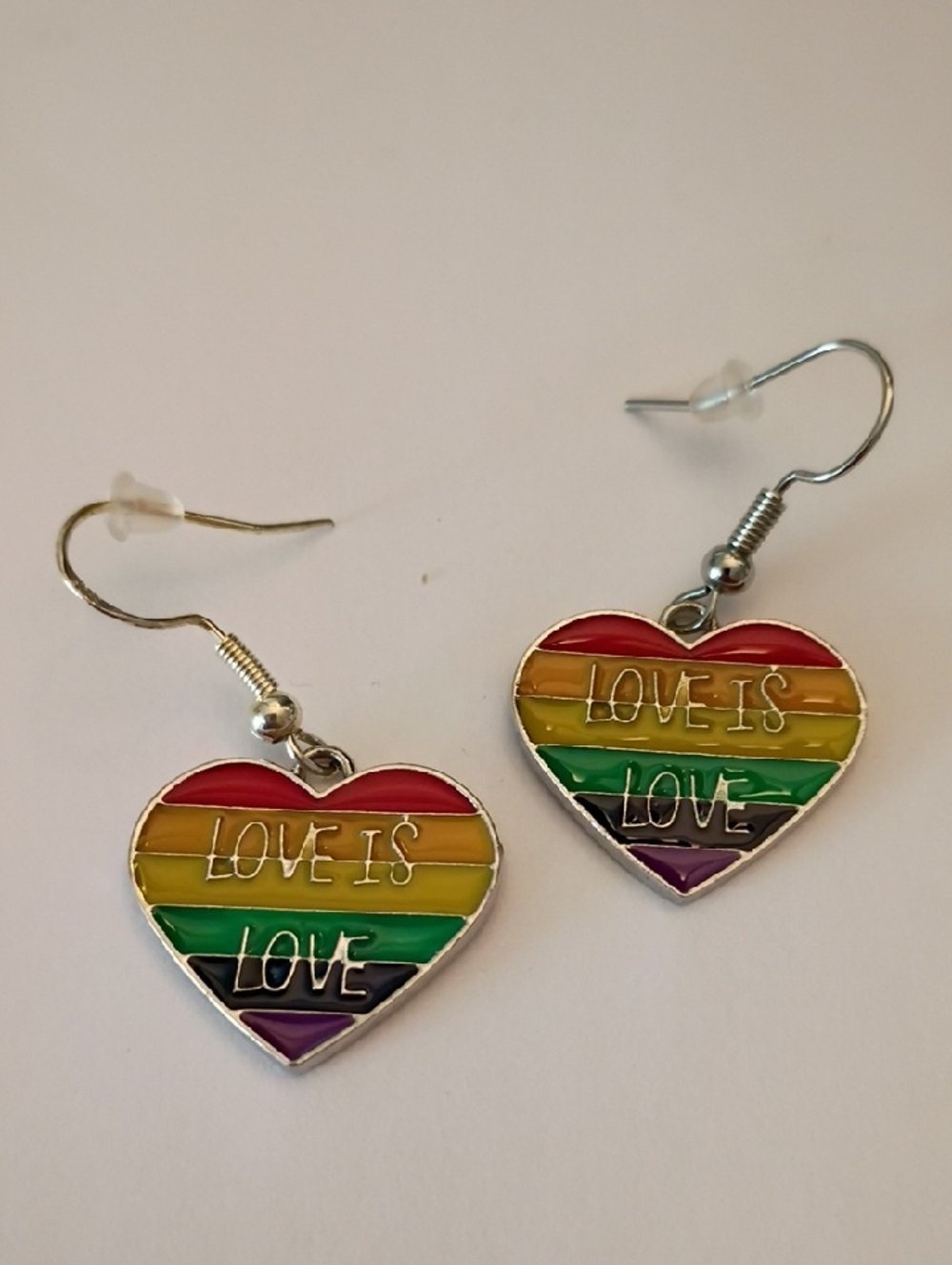 Heart Dangle Earrings - Rainbow 'Love Is Love' Enamel